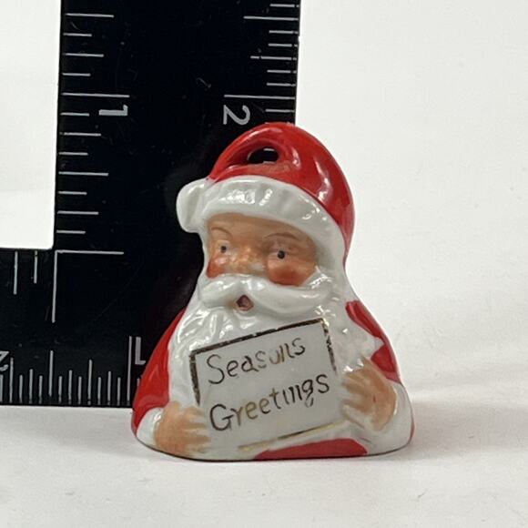 Vintage Japan Santa Bell Ornament Ceramic Red White “Seasons Greetings” 1.75" - Picture 8 of 9